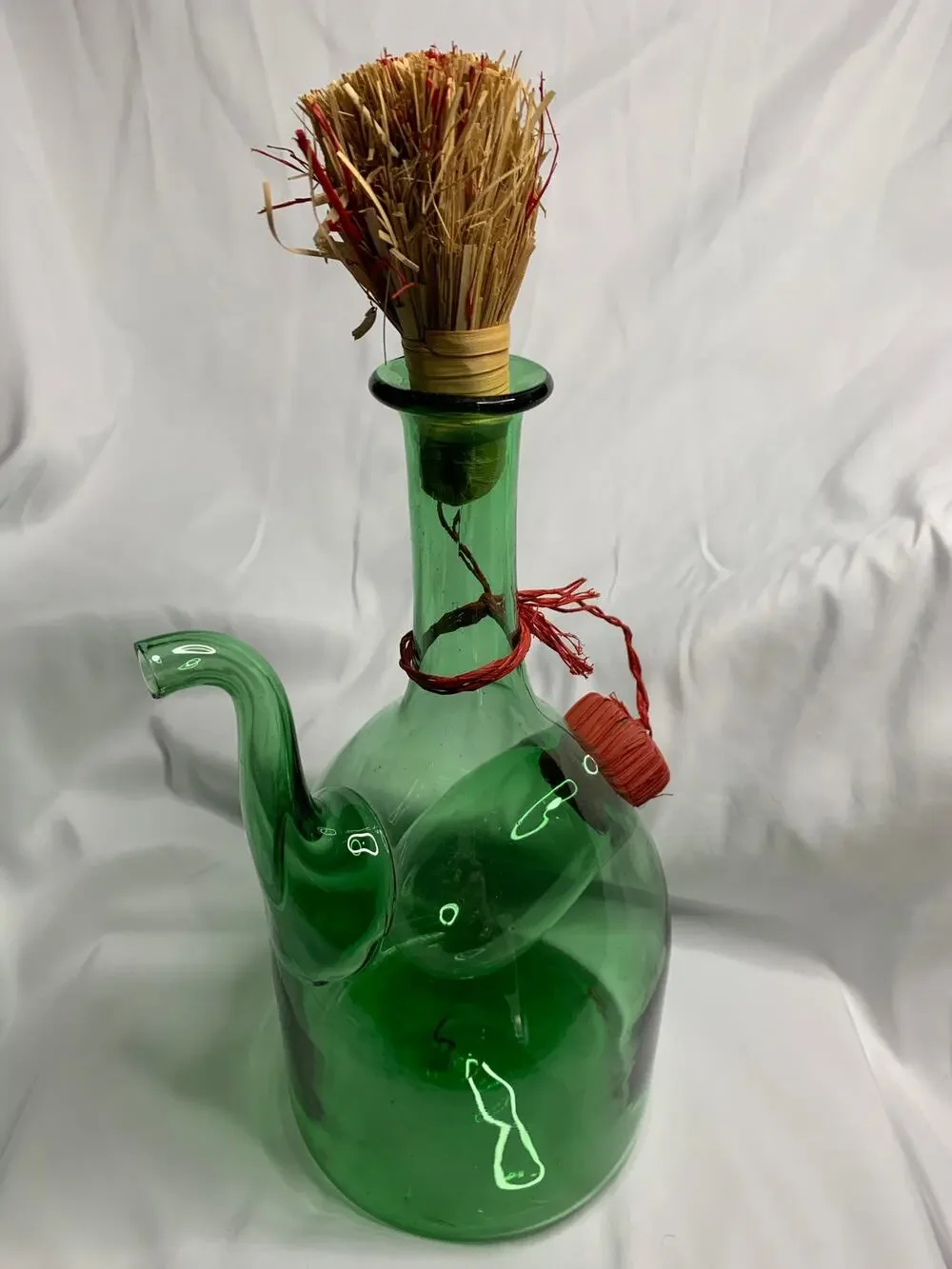 Vintage Italian Style Green Glass Wine Decanter Ice Chamber Raffia Stoppers